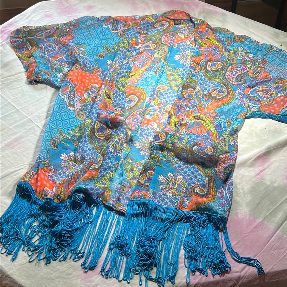 Colorful Blue and Orange Sheer Kimono with Fringe
